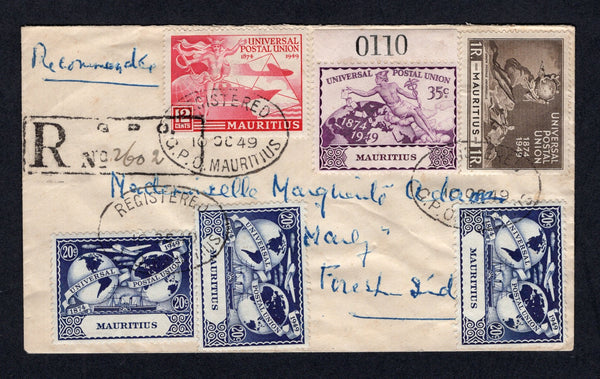 MAURITIUS - 1949 - UPU ISSUE & REGISTRATION: Registered cover franked with 1949 12c carmine, 3 x 20c deep blue, 35c purple and 1r sepia '75th Anniversary of the UPU' issue (SG 272/275) tied by multiple strikes of oval REGISTERED G.P.O. MAURITIUS cancels dated 10 OCT 1949 with boxed 'G.P.O.' registration marking alongside. Addressed internally to FOREST SIDE with FOREST SIDE arrival cds and boxed 'DELIVERY FOREST SIDE' marking on reverse. A very attractive franking.  (MAU/40413)
