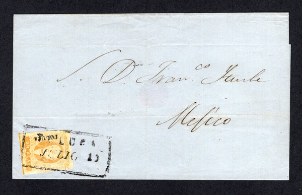 MEXICO - 1857 - CLASSIC ISSUES & CANCELLATION: Cover franked with 1856 1r yellow 'Hidalgo' issue with 'TOLUCA' district overprint (SG 2) four margins tied by good strike of boxed TOLUCA JULIO 23 cancel in black. Addressed to MEXICO CITY.  (MEX/10021)