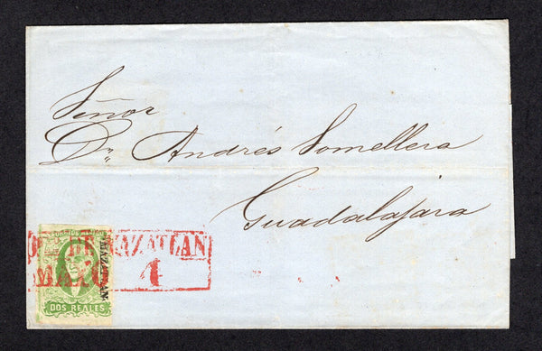 MEXICO - 1857 - CLASSIC ISSUES: Cover franked with 1856 2r green 'Hidalgo' issue with 'MAZATLAN' district overprint (SG 3b) good margins tied by fine strike of large boxed PTO DE MAZATLAN MAYO 4 cancel in red. Addressed to GUADALAJARA. Very attractive.  (MEX/10023)