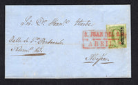 MEXICO - 1859 - CLASSIC ISSUES & CANCELLATION: Cover franked with 1856 2r green 'Hidalgo' issue with 'QUERETARO' district overprint (SG 3b) tight to touching margins tied by fine strike of large boxed S. JUAN DEL RIO ABRIL 8 cancel in red. Addressed to MEXICO CITY. Very attractive.  (MEX/10024)
