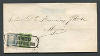 MEXICO - 1871 - CANCELLATION: Cover franked with 1868 25c blue on pale pink and 12c black on green with QUERETARO district overprints (SG 68 & 69, mixed margins) tied by fine strike of large boxed FRANCO EN SAN JUAN DEL RIO cancel in black. Addressed to MEXICO CITY. A nice combination.  (MEX/10056)
