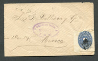 MEXICO - 1888 - NUMERAL ISSUE: Cover franked with pair 1886 5c blue 'Numeral' issue (SG 169) folded over edge of cover so as one stamp is on front & one on reverse cancelled by dumb 'Lined Ball' cancel with oval HIDALGO DEL PARRAL E.U.M. cancel in purple on front. Addressed to MEXICO CITY with arrival cds on reverse.  (MEX/10067)