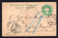 MEXICO - 1905 - CANCELLATION & ISLAND MAIL: 2c green postal stationery card (UPSS #PC114 Type II, H&G 116) sent from FINCA SAN ISIDRO with 'Finca San Isidro, c/o The Laguna Co. Laguna del Carmen, Est Campeche, Mexico' manuscript endorsement on reverse with ISLA DEL CARMEN cds, taxed with small 'T' in circle and '5' markings. Addressed to GERMANY with VERACRUZ & MEXICO CITY transit cds's and German arrival cds all on front.  (MEX/10171)