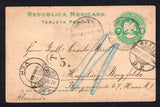 MEXICO - 1905 - CANCELLATION & ISLAND MAIL: 2c green postal stationery card (UPSS #PC114 Type II, H&G 116) sent from FINCA SAN ISIDRO with 'Finca San Isidro, c/o The Laguna Co. Laguna del Carmen, Est Campeche, Mexico' manuscript endorsement on reverse with ISLA DEL CARMEN cds, taxed with small 'T' in circle and '5' markings. Addressed to GERMANY with VERACRUZ & MEXICO CITY transit cds's and German arrival cds all on front.  (MEX/10171)
