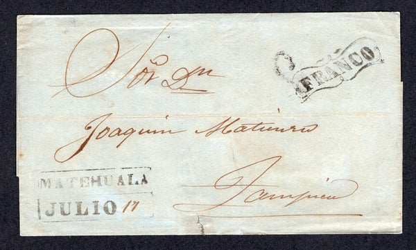 MEXICO - 1862 - SELLO NEGRO: Stampless cover from MATEHUALA to TAMPICO with FRANCO 'Scroll' marking and fine boxed MATEHUALA JULIO 17 ('17' added in manuscript), also small handstruck '2' rate marking on reverse.  (MEX/1048)