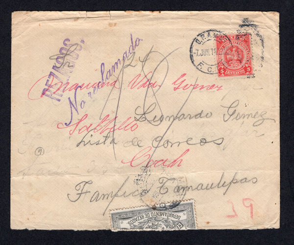 MEXICO - 1914 - TRAVELLING POST OFFICES & CIVIL WAR: Cover franked with 1914 5c dull red REVENUE issue authorised for postage (SG CT36) used with O.P.A. No. 85 F.C.I. M. cds dated 7 JUN 1914 (Travelling post office on the Ferrocarril Internacional Mexicano). Addressed to TAMPICO unclaimed and forwarded to SALTILLO where the cover was still unclaimed and subsequently returned with purple 'REZAGOS' marking and black & white 'Eagle' OFFICIAL SEAL tied & split across opening with various LISTA and transit cds'