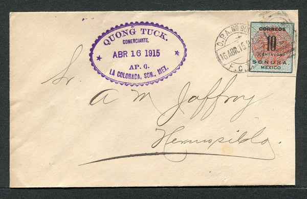 MEXICO - 1914 - TRAVELLING POST OFFICES & CIVIL WAR: Cover from LA COLORADA with oval firms handstamp on front franked with 1914 10c pale blue & red 'Sonora Seal' issue (SG S36) tied by fine strike of O.P.A. No. 901 F.C.T.A.P. cds dated 16 ABR 1914. (Travelling post office on the Torres - Minas Prietas line). Addressed to HERMOSILLO with arrival cds on reverse.  (MEX/11580)