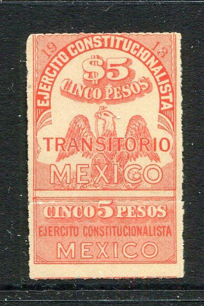 MEXICO - 1913 - CIVIL WAR: 5p orange red 'Transitorio' issue with coupon, the top value (issued for Revenue purpose only) fine mint.  (MEX/11583)