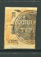 MEXICO - 1866 - EAGLE ISSUE: 2r orange 'Fifth Period' EAGLE issue with '92 - 1866' Invoice No. & 'Tepic' district overprint, a fine copy four huge margins used with almost complete strike of NEGATIVE 'CORREOS TEPIC' cancellation in black. (SG 33, Follansbee #44)  (MEX/1274)
