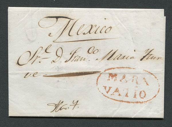 MEXICO - 1841 - PRESTAMP: Stampless folded letter from MARAVATIO to MEXICO CITY with good strike of oval MARA / VATIO marking in red. Attractive.  (MEX/17543)