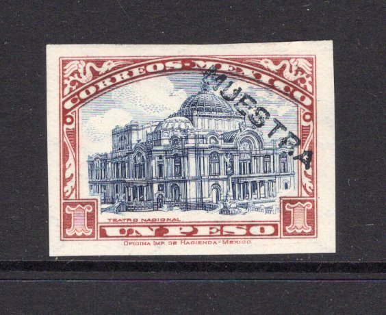 MEXICO - 1923 - SPECIMEN: 1p blue & lake 'National Theatre' issue, a fine IMPERF copy with full gum overprinted 'MUESTRA' (Specimen) in black. (As SG 435)  (MEX/18941)