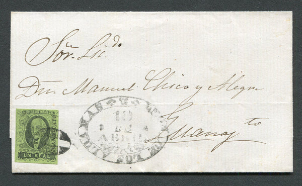 MEXICO - Circa 1861 - CANCELLATION: Cover franked with 1861 1r grey black on green 'Hidalgo' issue with 'GUANAJUATO' district overprint (SG 9a, Follansbee #7) tied by '0' rate marking in black with good strike of large oval LEON DE LOS ALDAMAS cancel in black alongside. Addressed to GUANAJUATO.  (MEX/21435)
