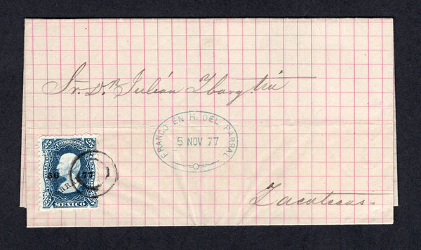 MEXICO - 1877 - HIDALGO 1874 ISSUE & CANCELLATION: Cover franked with single 1874 25c blue with '56 77' numerals and 'PARRAL' district overprint (SG 99) tied by small concentric circles cancel with superb strike of oval FRANCO EN H. DEL PARRAL cancel in blue alongside. Addressed to ZACATECAS.  (MEX/23657)