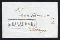 MEXICO - 1833 - PRESTAMP: Stampless cover from GUANACEVI to DURANGO with superb strike of large boxed GUANACEVI marking in black with handstruck '2' rate marking alongside.  (MEX/23658)