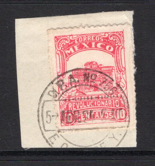 MEXICO - 1924 - YUCATAN INSURRECTION ISSUE & TRAVELLING POST OFFICE: 10c carmine 'Yucatan Insurrection' LOCAL issue, perf 12. A fine copy tied on piece by good strike of O.P.A. No. 756 F.C.U. de Y. Travelling Post Office cds dated 5 ABR 1924 (Ferrocarrils Unidos de Yucatan). This line operated from MERIDA to PROGRESO. Scarce. (SG Y446B)  (MEX/24694)