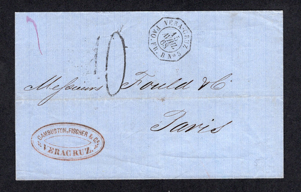 MEXICO - 1868 - MARITIME MAIL: Stampless cover from VERACRUZ with firms cachet at bottom left and large FRANQUEADO VERACRUZ cds on reverse. Sent by French packet with fine strike of octagonal VERA-CRUZ PAQ. FR. B No. 3 French maritime cancel on front. Addressed to PARIS, FRANCE rated '10' decimes on arrival with PARIS cds on reverse. Fine.  (MEX/25012)