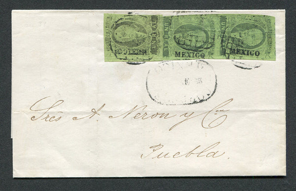 MEXICO - 1863 - CLASSIC ISSUES: Cover franked with pair and single 1861 1r grey black on green 'Hidalgo' issue, two different shades all with 'MEXICO' district overprints (SG 9a) all tied by circular 'Grid' cancel with light oval MEXICO marking below. Addressed to PUEBLA. Unusual.  (MEX/25013)