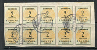 MEXICO - 1914 - CIVIL WAR & MULTIPLE: 2c yellow green & orange SONORA 'Coach Seal' issue, a fine used block of ten with HERMOSILLO cds's. (SG S34a)  (MEX/25029)