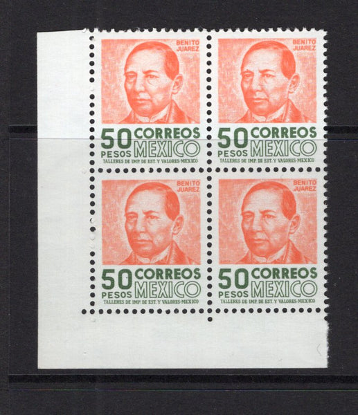 MEXICO - 1975 - DEFINITIVE ISSUE: 50p bright orange and deep dull green on white fluorescent paper, a fine unmounted mint corner marginal block of four. (SG 1327e)  (MEX/25445)