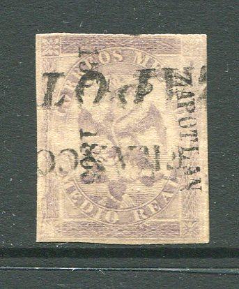 MEXICO - 1866 - EAGLE ISSUE: ½r lilac 'Fourth Period' EAGLE issue with '155 - 1865' Invoice No. & 'ZAPOTLAN' district overprint (Sub Office of GUADALAJARA), a fine used copy four good margins with straight line FRANCO ZAPOTLAN cancellation in black. Scarce. (SG 31b, Follansbee #35)  (MEX/2584)