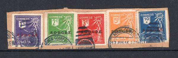 MEXICO - 1913 - CIVIL WAR & UNISSUED: 1c purple, 2c green, 3c red, 5c orange and 10c blue 'George Linn' UNISSUED set of five with 'S.O.D.G.D.E.' official overprints all tied on piece by cds's dated 17 JUN 1915. These stamps were produced as essays for the Constitutionalists in the state of Sonora but were rejected as their sphere of control had extended outside of Sonora when the stamps were submitted. Uncommon.  (MEX/26427)