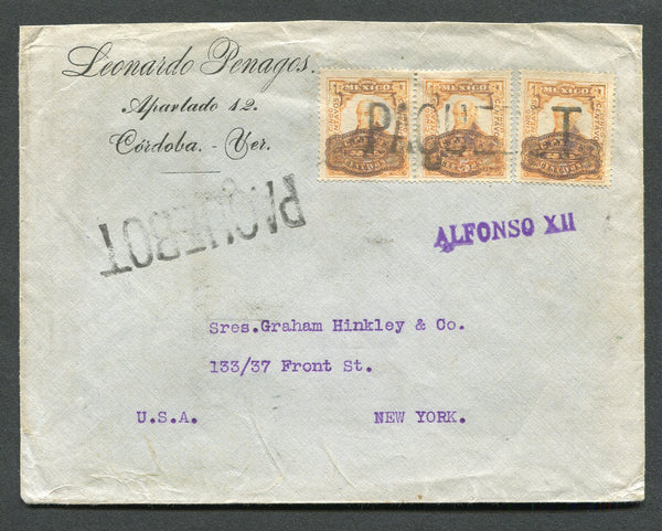 MEXICO - 1916 - MARITIME MAIL: Cover from CORDOBA with firms imprint at top left franked with 1916 3 x 20c on 5c orange 'Gold Currency' overprint issue (SG 372) tied by good strike of large straight line 'PAQUEBOT' marking in black with second strike alongside and fine strike of straight line 'ALFONSO XII' Ship marking in purple and HAVANA, CUBA originating cds on reverse. Addressed to USA. Rare.  (MEX/26804)