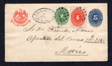 MEXICO - 1893 - CANCELLATION: 5c blue 'Numeral' postal stationery envelope (UPSS #E43, H&G B34) used with added 1892 1c blue green  and 4c orange 'Numeral' issue (SG 196 & 199) tied by dumb 'Cork' cancels with fine strike of undated oval FRANCO EN TEZONTEPEC cancel in black. Addressed to MEXICO CITY with arrival cds on reverse. Cover has repaired tear but a scarcer origination.  (MEX/27200)