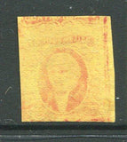 MEXICO - 1867 - VARIETY: 4r red on yellow HIDALGO issue with 'Gothic Mexico' district overprint, a fine used copy, four margins with variety PRINTED ON BOTH SIDES. Fine & Scarce. (SG 47a, Follansbee #MEX4DB)  (MEX/27609)