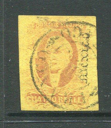 MEXICO - 1867 - GOTHIC ISSUE: 4r red on yellow HIDALGO issue with 'Gothic Mexico' district overprint, a fine used copy, four large margins. (SG 47, Follansbee #MEX4)  (MEX/27610)