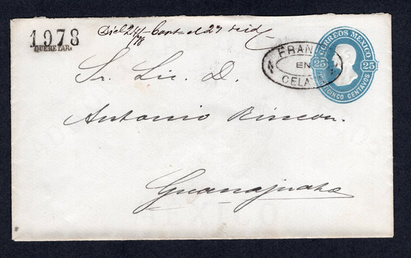 MEXICO - 1878 - POSTAL STATIONERY: 25c blue 'Hidalgo' postal stationery envelope with watermark (UPSS #E9, H&G B9b) with '1978' number and 'QUERETARO' district opt at top left used in December 1878 with good strike of small oval FRANCO EN CELAYA cancel. Addressed to GUANAJUATO with small handstruck '23 DIC 1878' date marking in blue on reverse and manuscript arrival endorsement on front dated DIC 24/78'. Part of backflap missing. A rare and likely earliest known use of the watermarked issue which is record