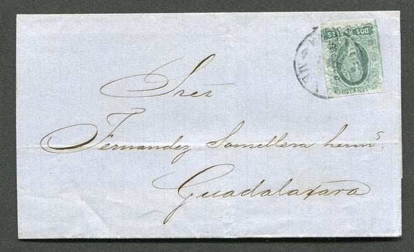 MEXICO - 1868 - GOTHIC ISSUE: Cover  franked with 1867 2r blue green HIDALGO issue with 'Gothic Mexico' district overprint (SG 53) tied by MEXICO cds. Addressed to GUADALAJARA.  (MEX/27661)