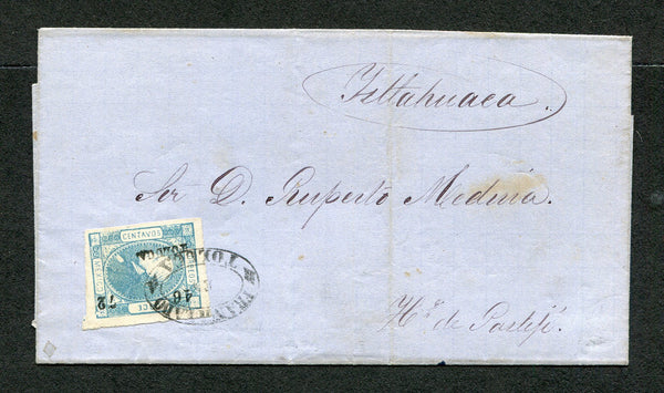 MEXICO - Circa 1872 - CANCELLATION: Folded letter franked with 1872 12c blue with '46 72' invoice number and 'TOLUCA' district overprint (SG 88) tied by small oval FRANQUEADO TOLUCA cancel in black. Addressed to ITHAHUACA. Ex Schimmer.  (MEX/27670)