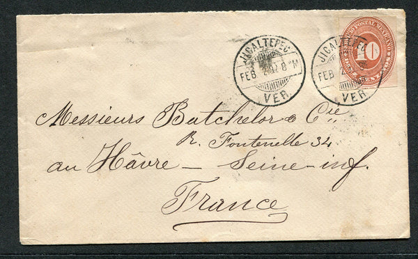 MEXICO - 1892 - NUMERAL ISSUE & CANCELLATION: Cover franked with 1892 10c orange 'Numeral' issue, imperf (SG 201) tied by fine strike of JICALTEPEC cds dated FEB 2 1892 with second strike alongside. Addressed to FRANCE with transit & arrival marks on reverse.  (MEX/27674)