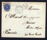 MEXICO - 1892 - CANCELLATION & INSTRUCTIONAL MARK: Cover franked with 1892 5c blue 'Numeral' issue (SG 212) tied by PASO DEL MACHO cds with second strike alongside. Addressed to FRANCE with small circular 'T MEXICO D.F.' tax marking on front. NUEVO LAREDO transit cds and French arrival cds on reverse.  (MEX/27675)