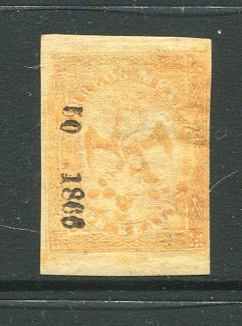 MEXICO - 1864 - EAGLE ISSUE: 2r orange 'Fifth Period' EAGLE issue with '10 - 1866' Invoice No. of Durango district, a fine mint copy with full O.G. Four margins. (SG 33c, Follansbee #44)  (MEX/30318)