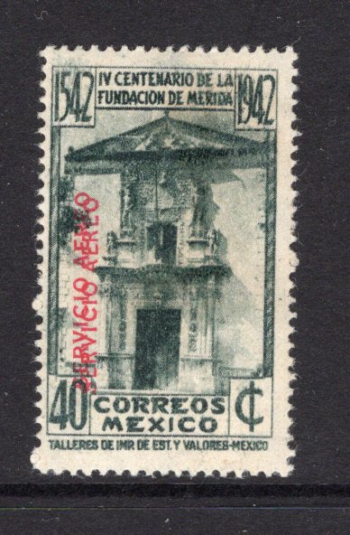 MEXICO - 1942 - FORGERY: 40c slate green '400th Anniversary of Merida' issue, a fine mint copy with FORGED 'SERVICIO AEREO' DOUBLE OVERPRINT. Small article on this forgery from Mexicana accompanies. (As SG 686 variety)  (MEX/30361)