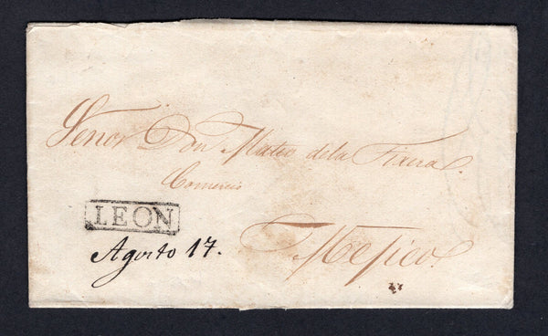 MEXICO - 1834 - PRESTAMP: Stampless folded letter from LEON to MEXICO CITY with fine strike of small boxed 'LEON' marking in black with manuscript 'Agosto 17' added below.  (MEX/30375)
