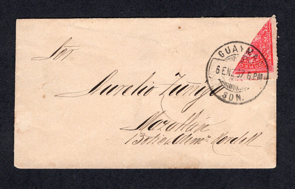 MEXICO - 1897 - MULITAS ISSUE & BISECT: Small cover franked with diagonally BISECTED 1895 2c rosine 'Mulitas' issue (SG 219a) tied by fine GUAYMAS SON cds dated 6 JAN 1897. Addressed to MAZATLAN. Fine & scarce.  (MEX/30384)