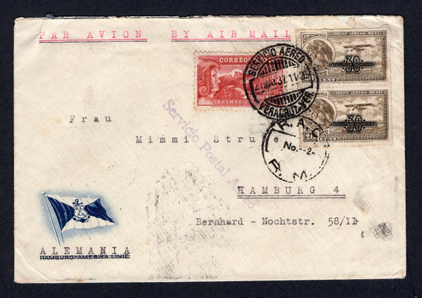 MEXICO - 1937 - AIRMAIL: Cover franked with 1932 pair 30c on 20c sepia AIR issue and 1934 20c lake (SG 521 & 576) tied by VERACRUZ cds dated 21 MAY 1937. Sent airmail to GERMANY with fine strike of 'R.A.C. No. 2 R.M.' (Ruta Aerea Contratada - route no. 2 Veracruz - Merida) airmail routing mark on front. Transit & arrival marks on reverse.  (MEX/30401)