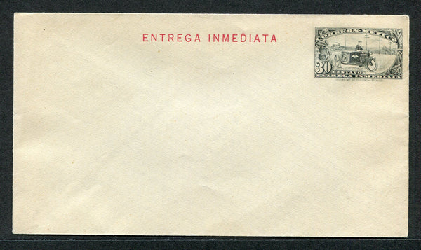 MEXICO - 1929 - POSTAL STATIONERY: 30c black on grey 'Motorcycle' postal stationery special delivery envelope (UPSS #SD1, H&G ADB1) with 'ENTREGA INMEDIATA' overprint in red. A fine unused example.  (MEX/30520)