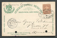 MEXICO - 1899 - CANCELLATION: 3c brown & green 'Mulitas' postal stationery card (UPSS #PC90 Type I, H&G 89) used with fine strike of undated oval 'OFNA DE CORREOS EN HUISTLA E. DE CHIAPAS' cancel in black. Addressed to GERMANY with TONALA transit cds on reverse and German arrival cds on front. Two small punch holes at base from filing.  (MEX/31630)