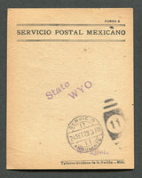MEXICO - 1929 - TRAVELLING POST OFFICES & PARCEL RECEIPT: Printed 'SERVICIO POSTAL MEXICANO' parcel post receipt form inscribed 'FORMA 9' and with 'Talleres Graficos de la Nacion - Mex.' printers imprint at lower right used with fine strike of SERVICIO AMBULANTE 11 duplex cds dated 24 SEP 1929 with 'State WYO' destination handstamp and 'A Moto' agents name handstamp in purple. A very unusual and scarce item.  (MEX/31635)