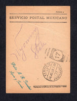 MEXICO - 1929 - TRAVELLING POST OFFICES & PARCEL RECEIPT: Printed 'SERVICIO POSTAL MEXICANO' parcel post receipt form inscribed 'FORMA 9' and with 'Talleres Graficos de la Nacion - Mex.' printers imprint at lower right used with fine strike of SERVICIO AMBULANTE 17 duplex cds dated 24 JUL 1929 with 'Wyoming State' destination in manuscript and two line 'Platon M. R. Feicalini Aguas y Torreon' agents name handstamp in purple script. A very unusual and scarce item.  (MEX/31640)