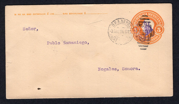 MEXICO - 1914 - CIVIL WAR & TRAVELLING POST OFFICES: 5c orange postal stationery envelope with SONORA 'GCM' monogram handstamp in purple (UPSS #E68-1A, H&G IB20) used with O.P.A. No. 205 4a DIVISION SUP GUAYMAS. SON duplex cancel dated 3 AUG 1914 (travelling post office on the Ferrocarril Sud Pacifico de Mexico line). Addressed to NOGALES with arrival cds on reverse.  (MEX/31737)