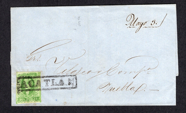 MEXICO - 1857 - CLASSIC ISSUES: Cover franked with 1856 2r green 'Hidalgo' issue with 'PUEBLA' district overprint (SG 3b) close to good margins tied by fine strike of large boxed 'ACATLAN' cancel in black. Addressed to PUEBLA. Very attractive.  (MEX/32555)