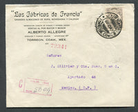 MEXICO - 1923 - REGISTRATION: Registered cover franked with 1917 30c grey purple roulette issue (SG 400) tied by CERTIFICADOS TORREON. COAH cds dated 18 SEP 1923 with boxed registration marking in red alongside. Addressed to MEXICO CITY with blue 'Sunburst' registration seal on reverse tied by oval CERTIFICADOS TORREON cancels in red with arrival mark also on reverse.  (MEX/32972)