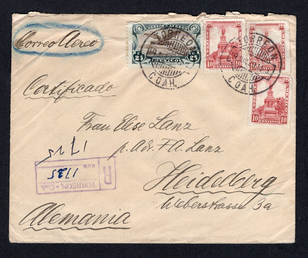 MEXICO - 1929 - AIRMAIL & REGISTRATION: Registered cover with manuscript 'Correo Aereo' at top franked with 3 x 1923 10c lake and 1927 25c sepia & green AIR issue (SG 424 & 455) tied by TORREON cds's dated 19 JUN 1929 with boxed registration marking in purple alongside. Addressed to GERMANY with blue 'Sunburst' registration seal and red, white & blue airmail label on reverse tied by various transit & arrival marks. Cover a little roughly opened at top.  (MEX/32979)