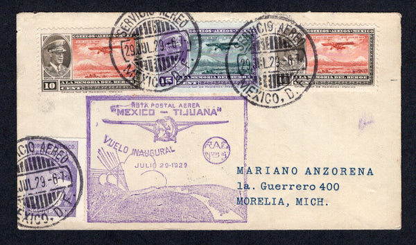 MEXICO - 1929 - FIRST FLIGHT: Cover franked with 1929 2 x 10c red & sepia and 15c green & bright violet AIR issue plus 1929 1c bright violet TAX issue (SG 464/465 & 458) tied by MEXICO CITY cds's dated 29 JUL 1929. Flown on the 'Mexico - Tijuana' first flight with boxed first flight cachet in purple on front. Addressed to MORELIA with arrival cds on reverse. (Muller #37)  (MEX/32992)