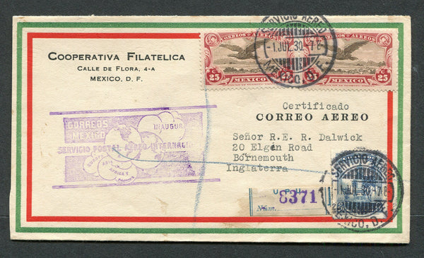 MEXICO - 1930 - FIRST FLIGHT: Registered airmail cover franked with 1923 20c deep blue and pair 1927 25c sepia & lake AIR issue (SG 443 & 454) tied by MEXICO CITY cds's dated 1 JUL 1930. Flown on the 'Mexico - New York - Europe' first flight with first flight cachet in purple on front. Addressed to UK with French arrival cds on reverse. (Muller #68)  (MEX/32994)