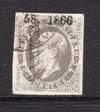 MEXICO - 1866 - MAXIMILLIAN ISSUE: 7c dark lilac grey LITHO MAXIMILLIAN issue with '58 - 1866' Invoice number and date and 'S. L. POTOSI' district overprint, a fine four margin copy used with light cds cancel. Scarce. (SG 36, Follansbee #47)  (MEX/33041)